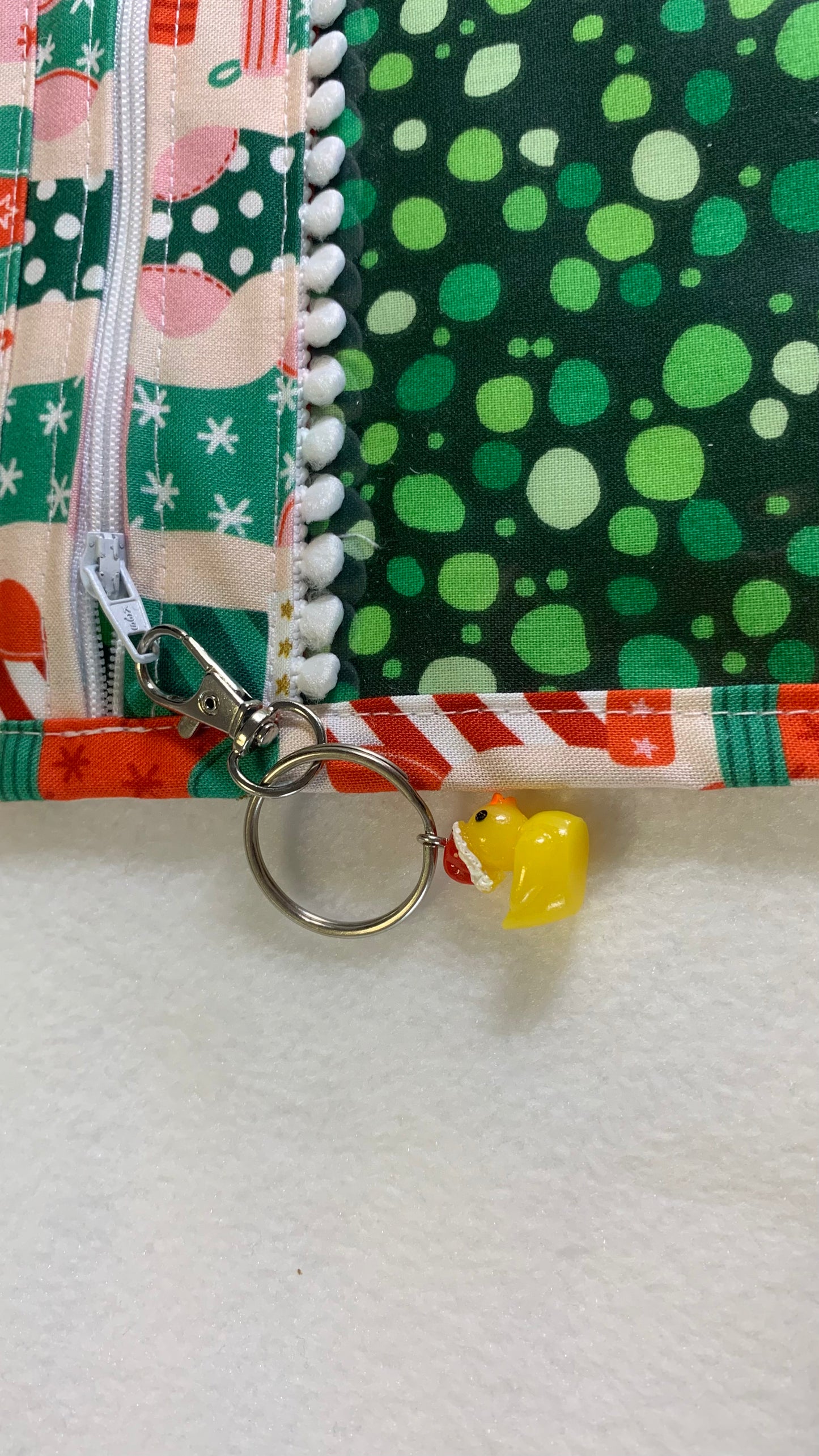 13x10 Vinyl Fronted Project Bag - Christmas Stockings on Green Baubles with Bobble Trim