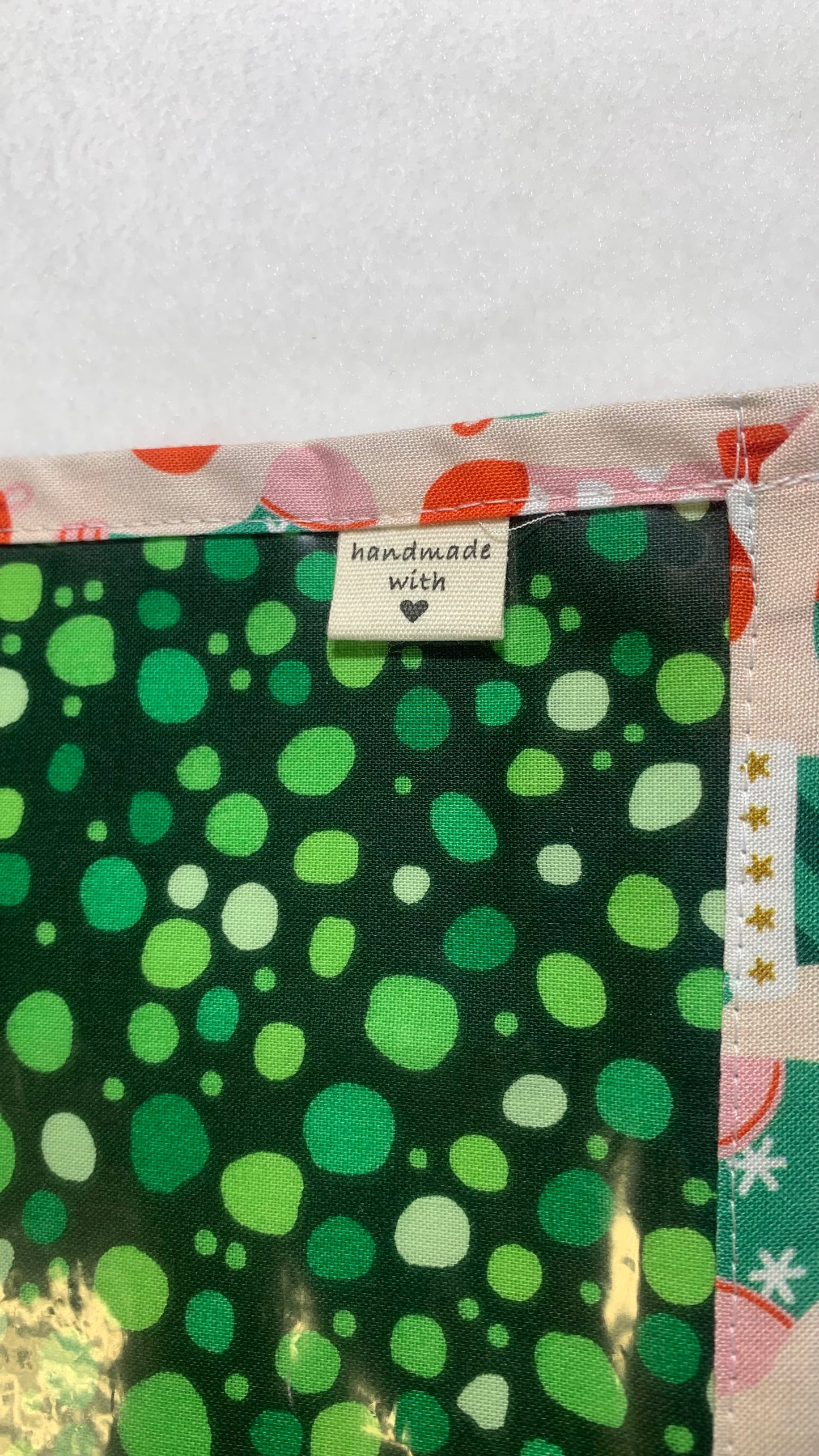13x10 Vinyl Fronted Project Bag - Christmas Stockings on Green Baubles with Bobble Trim