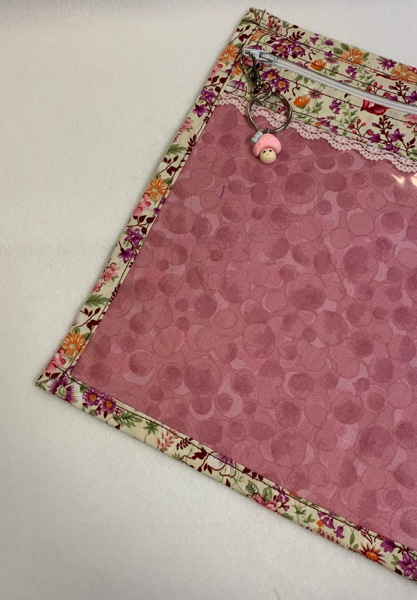13x10 Vinyl Fronted Project Bag - Pink and Purle Floral with Lace Trim