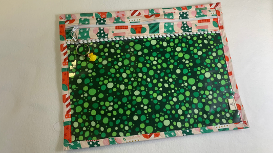 13x10 Vinyl Fronted Project Bag - Christmas Stockings on Green Baubles with Bobble Trim