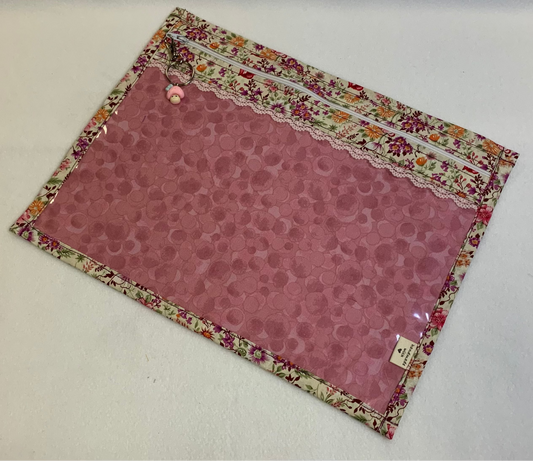 13x10 Vinyl Fronted Project Bag - Pink and Purle Floral with Lace Trim