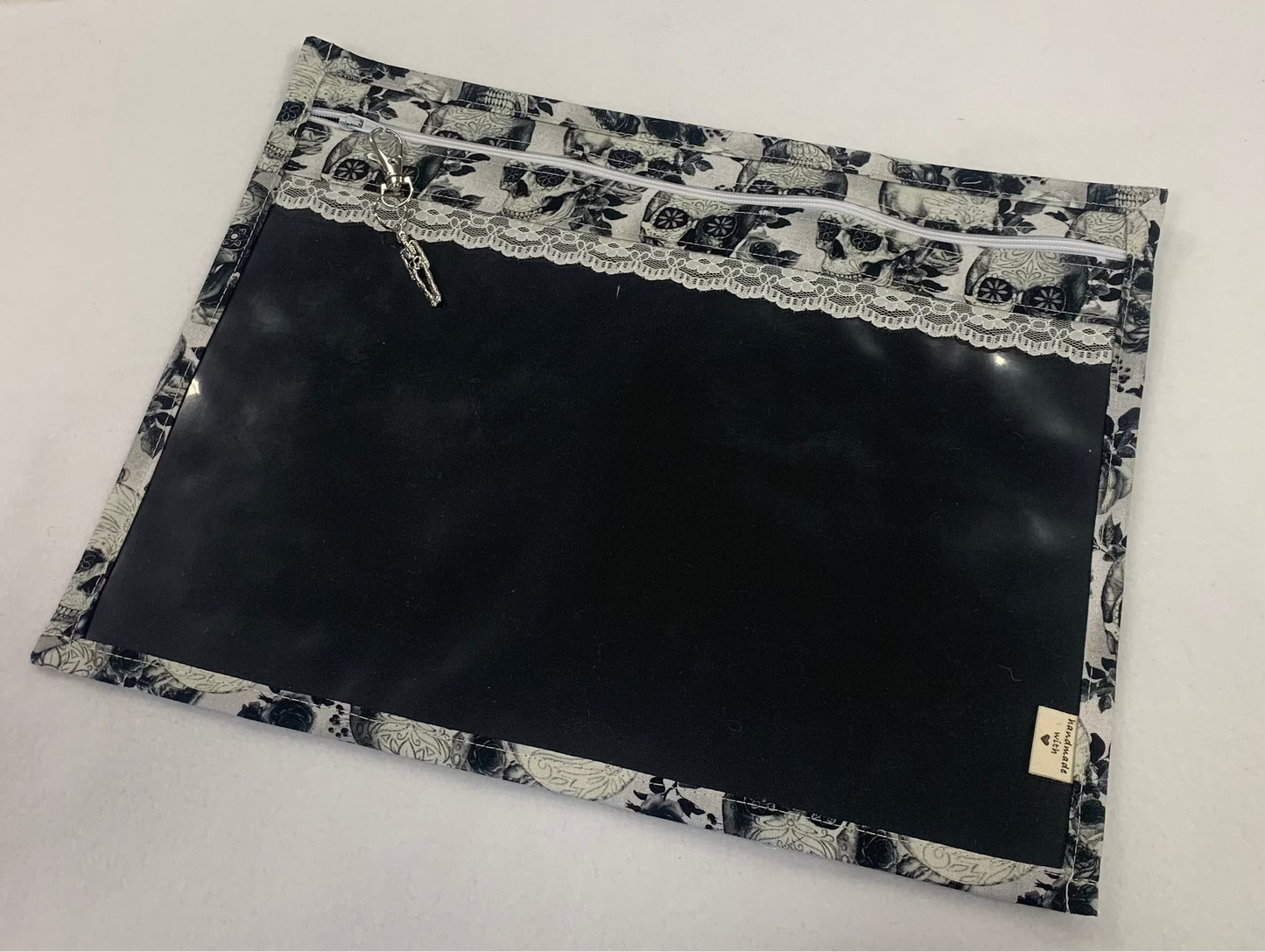 13x10 Vinyl Fronted Project Bag - Greyscale Skulls with Lace Trim