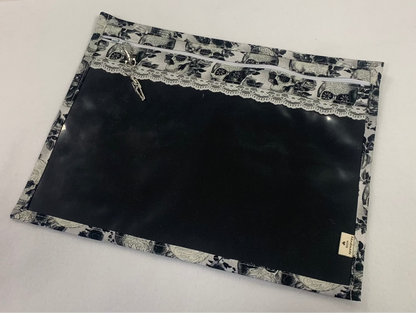 13x10 Vinyl Fronted Project Bag - Greyscale Skulls with Lace Trim
