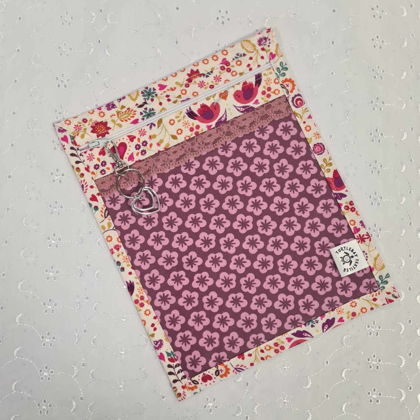 8x10 Vinyl Fronted Project Bag - Lovebirds with Lace Trim