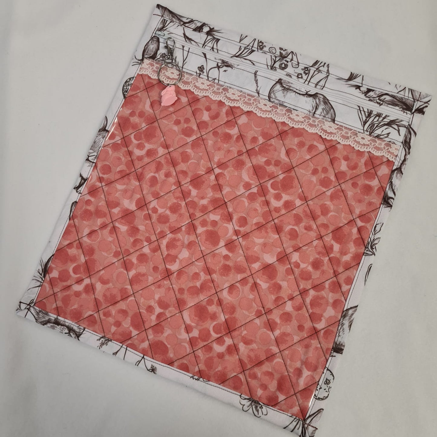 12x14 Vinyl Fronted Quilted Project Bag - Easter Bunnies with Lace Trim