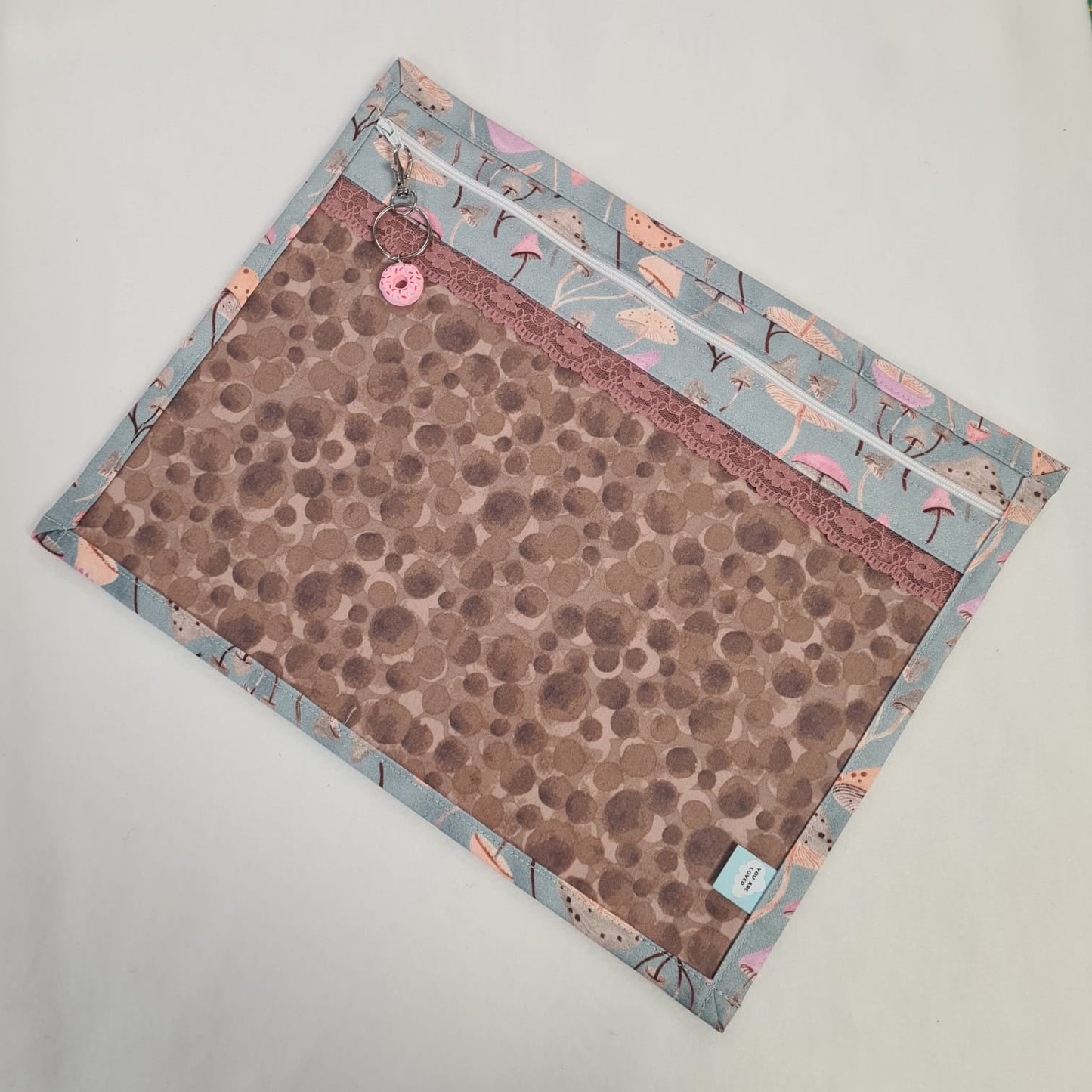 13x10 Vinyl Fronted Project Bag - Whimsical Mushrooms with Pink Lace Trim