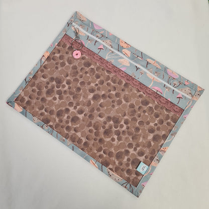 13x10 Vinyl Fronted Project Bag - Whimsical Mushrooms with Pink Lace Trim