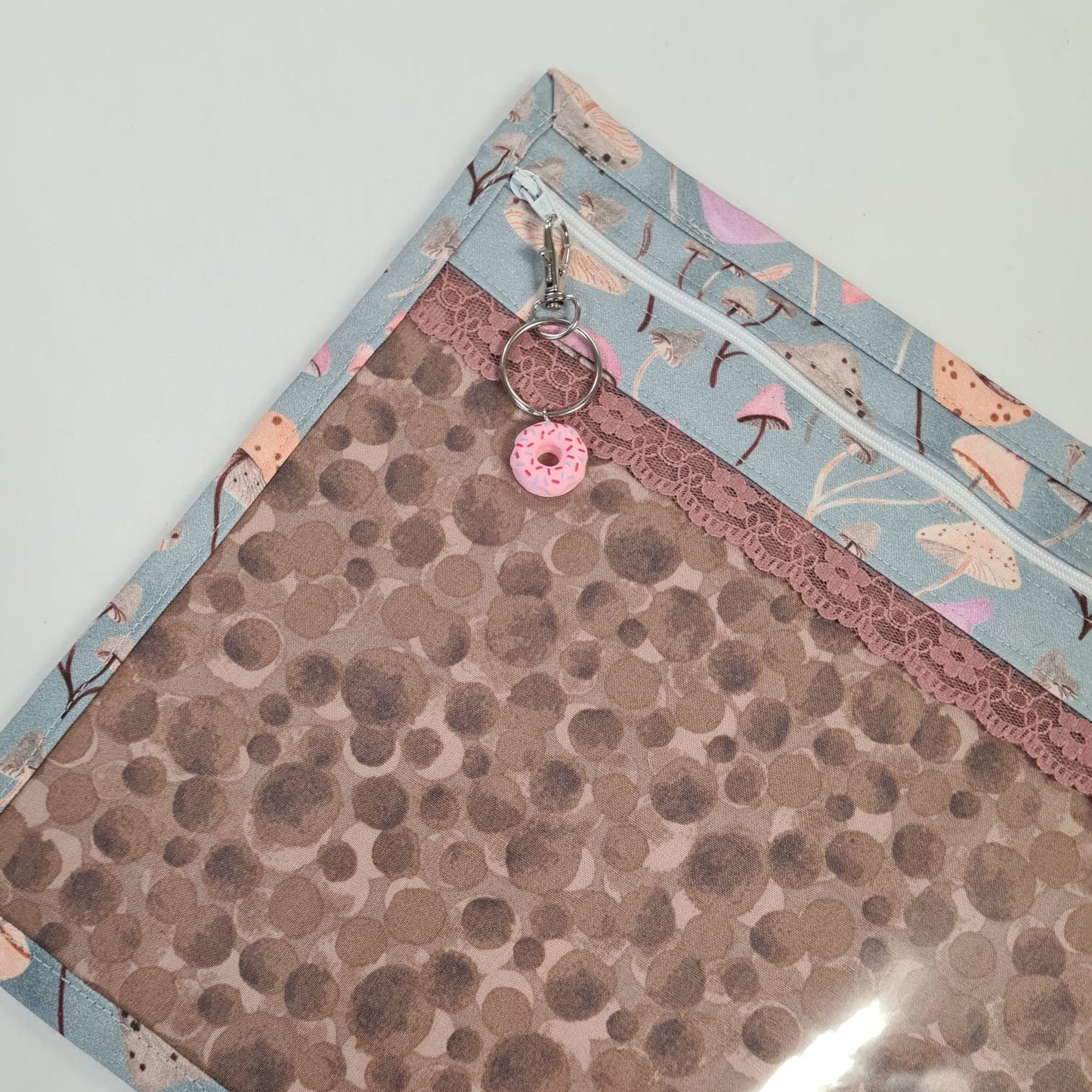 13x10 Vinyl Fronted Project Bag - Whimsical Mushrooms with Pink Lace Trim
