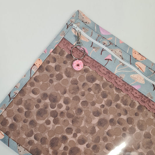 13x10 Vinyl Fronted Project Bag - Whimsical Mushrooms with Pink Lace Trim