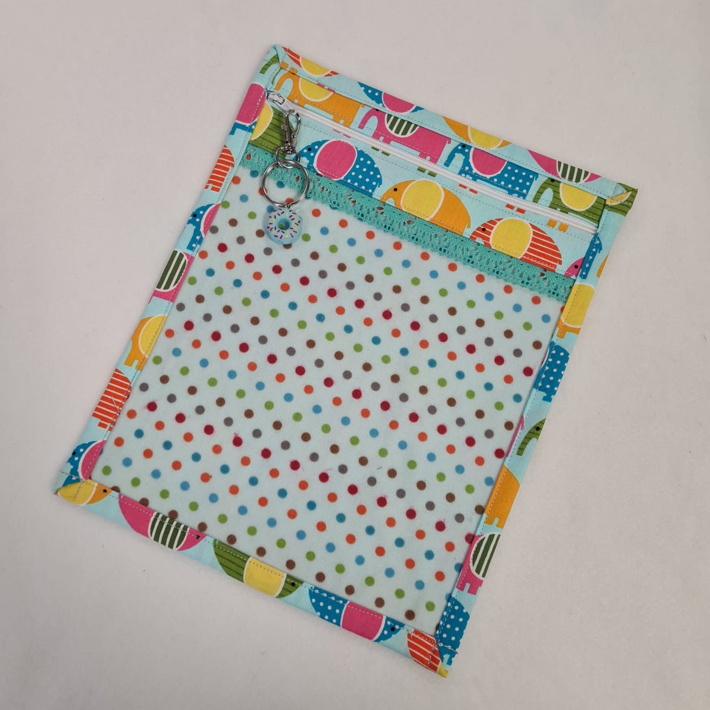 8x10 Vinyl Fronted Project Bag - Rainbow Elephants with Lace Trim