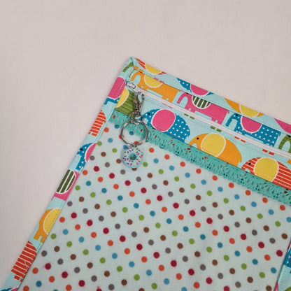 8x10 Vinyl Fronted Project Bag - Rainbow Elephants with Lace Trim
