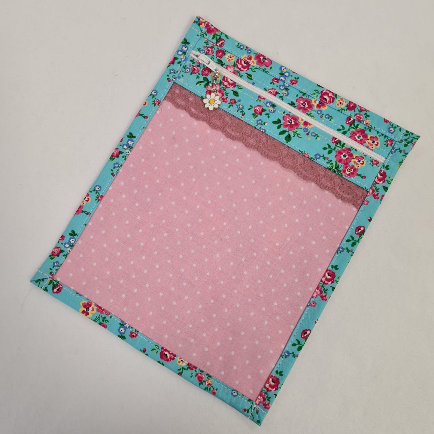 8x10 Vinyl Fronted Project Bag - Blue Spring Floral with Lace Trim