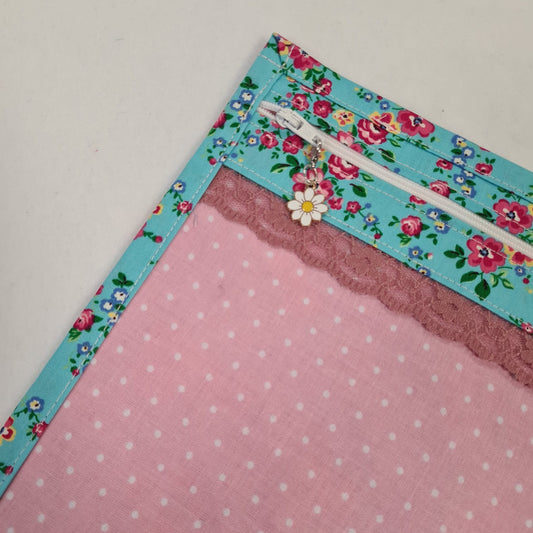 8x10 Vinyl Fronted Project Bag - Blue Spring Floral with Lace Trim